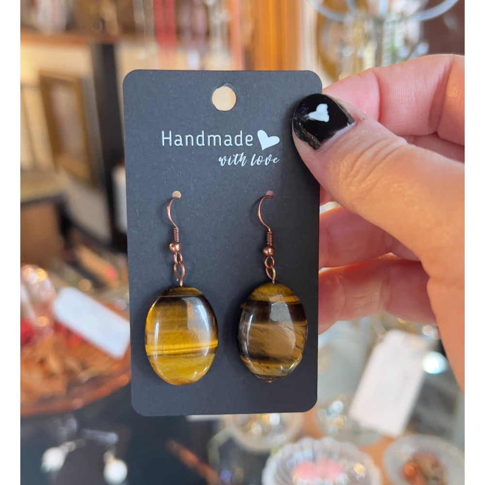 Artisan Made Hand Crafted Tigers Eye Gemstone Copper Dangle Drop Earrings OOAK